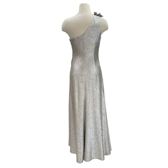 David Meister Silver One Shoulder Gown Formal Dress 8 Ruched Metallic Glam - Picture 9 of 12